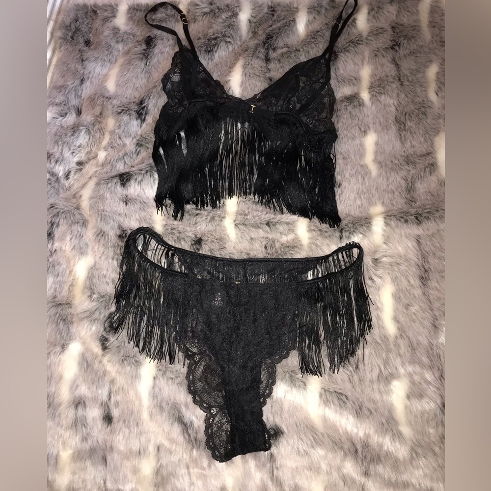 Victoria's Secret Black‎ Fringe Crop Cami bralette & panty Set Size L large - Picture 4 of 6